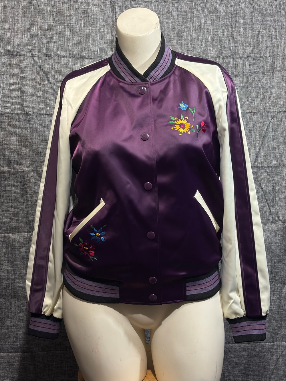 Coach Purple Satin Floral Embroidered Souvenir Bomber Jacket - Unisex Large NWT